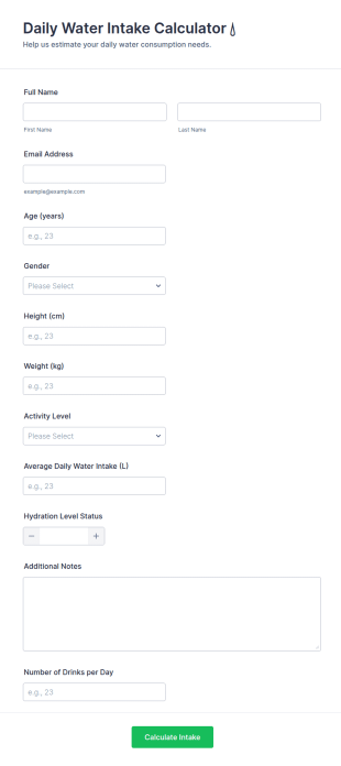 Daily Water Intake Calculator 💧 Form Template