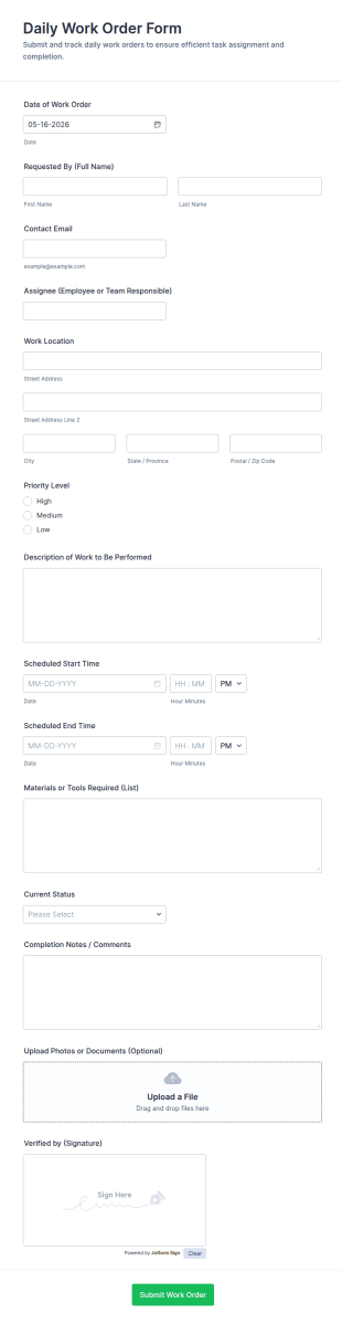 Daily Work Order Form Template
