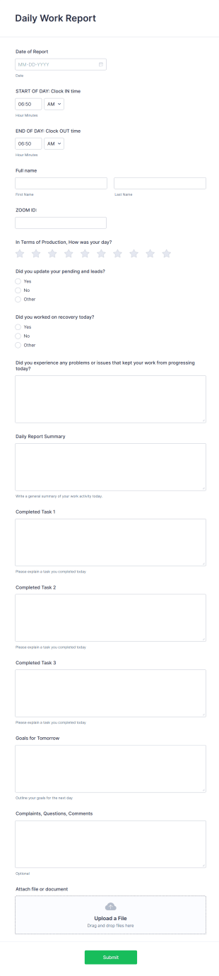Daily Work Report Form Template
