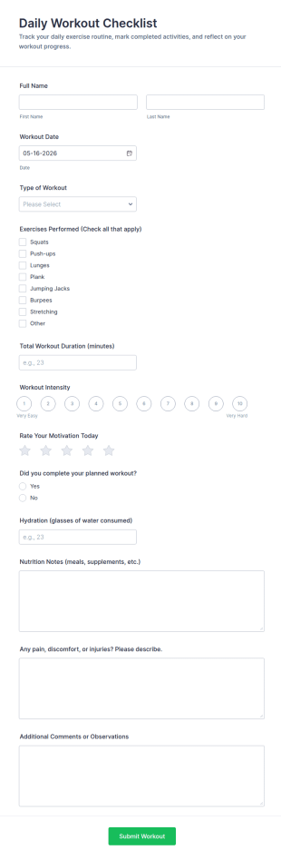 Daily Workout Checklist Form Template