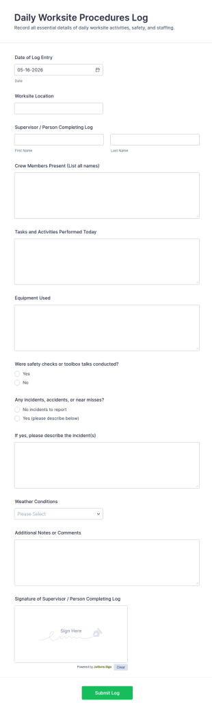 Daily Worksite Procedures Log Form Template