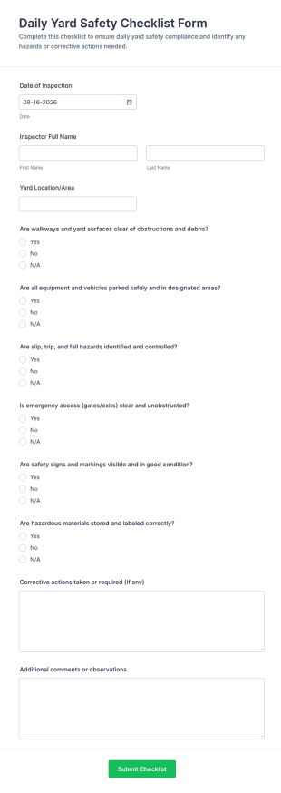 Daily Yard Safety Checklist Form Template