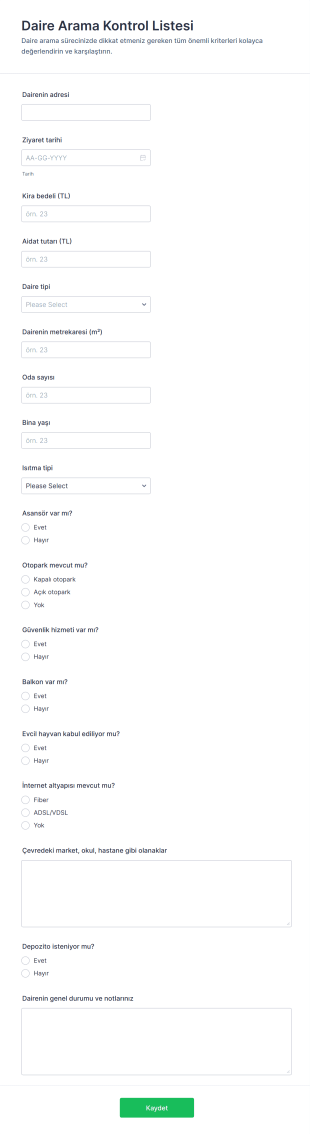 Daire Arama Kontrol Listesi Form Şablonu