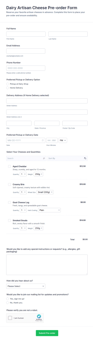 Dairy Artisan Cheese Pre Order Form Template