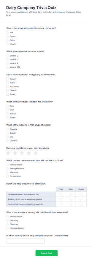 Dairy Company Trivia Quiz Form Template
