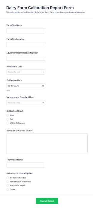 Dairy Farm Calibration Report Form Template
