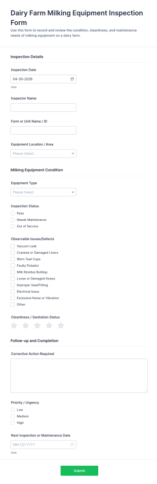 Dairy Farm Milking Equipment Inspection Form Template