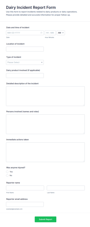 Dairy Incident Report Form Template