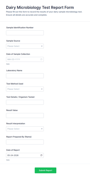 Dairy Microbiology Test Report Form Template