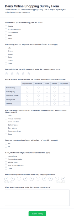 Dairy Online Shopping Survey Form Template