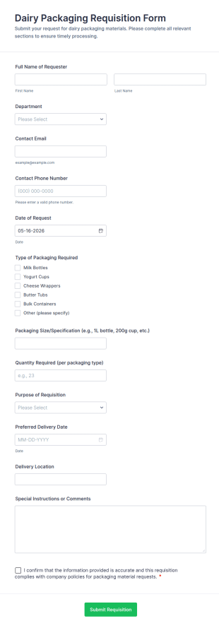 Dairy Packaging Requisition Form Template
