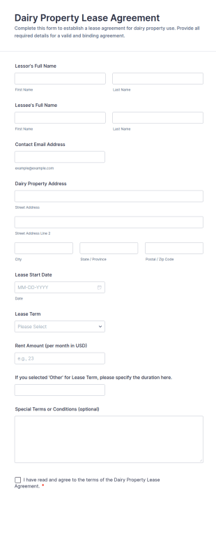 Dairy Property Lease Agreement Form Template