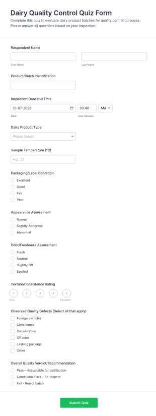 Dairy Quality Control Quiz Form Template