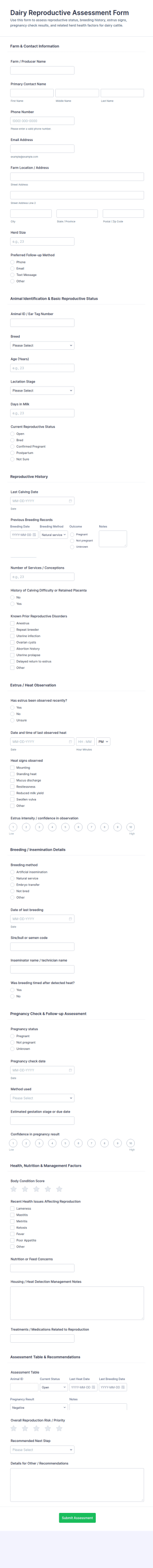 Dairy Reproductive Assessment Form Template