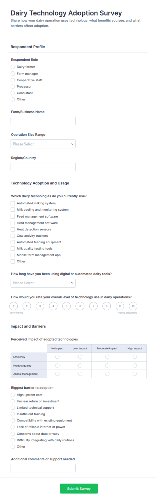 Dairy Technology Adoption Survey Form Template