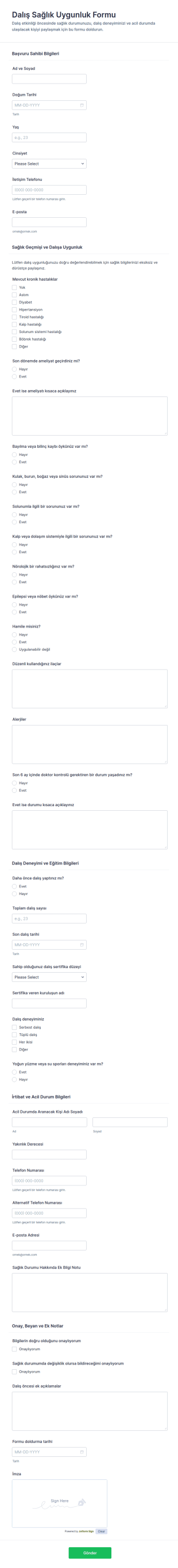 Dalış Sağlık Onay Form Şablonu