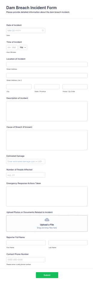 Dam Breach Incident Form Template