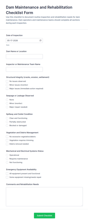 Dam Maintenance And Rehabilitation Checklist Form Template