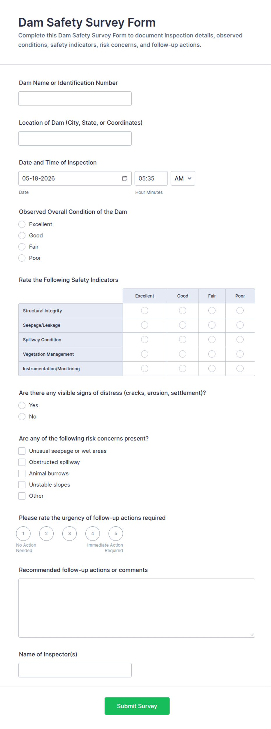 Dam Safety Survey Form Template | Jotform