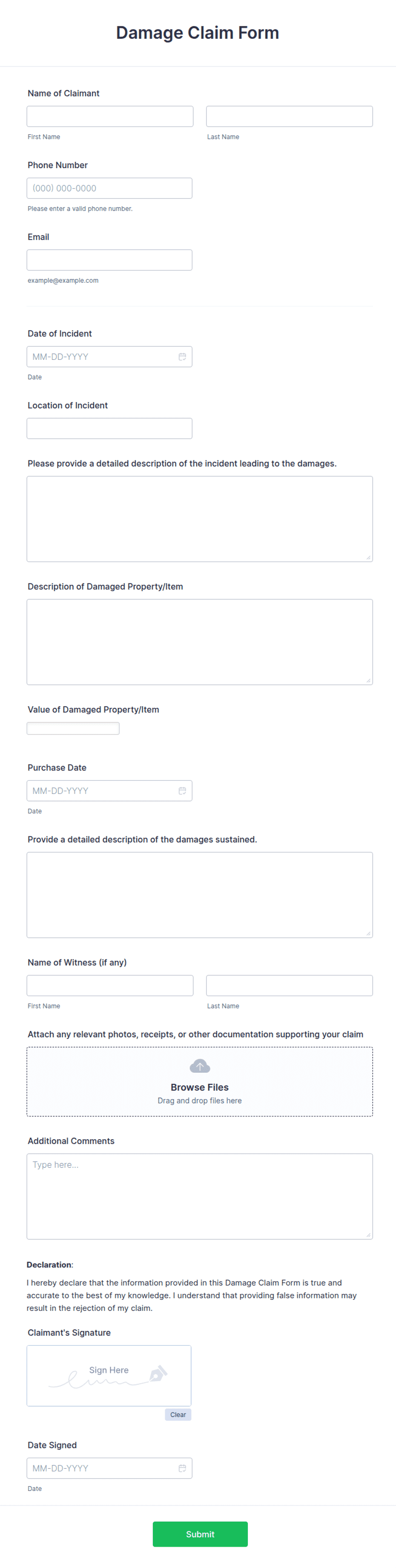 Damage Claim Damage Claim Form Template | Jotform