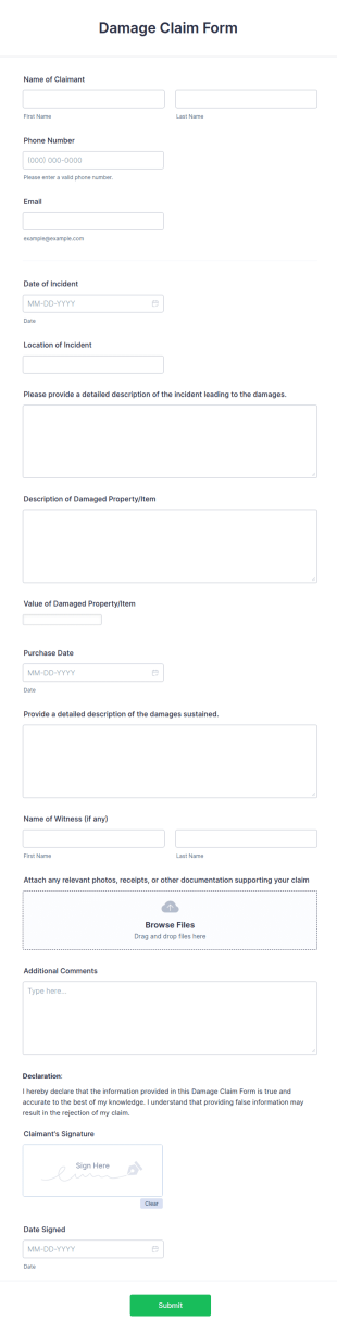 Damage Claim Form Template
