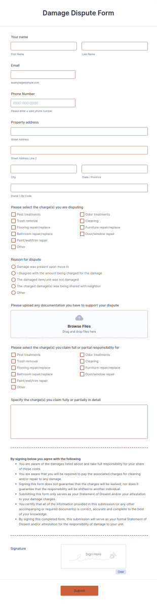 Damage Dispute Form Template