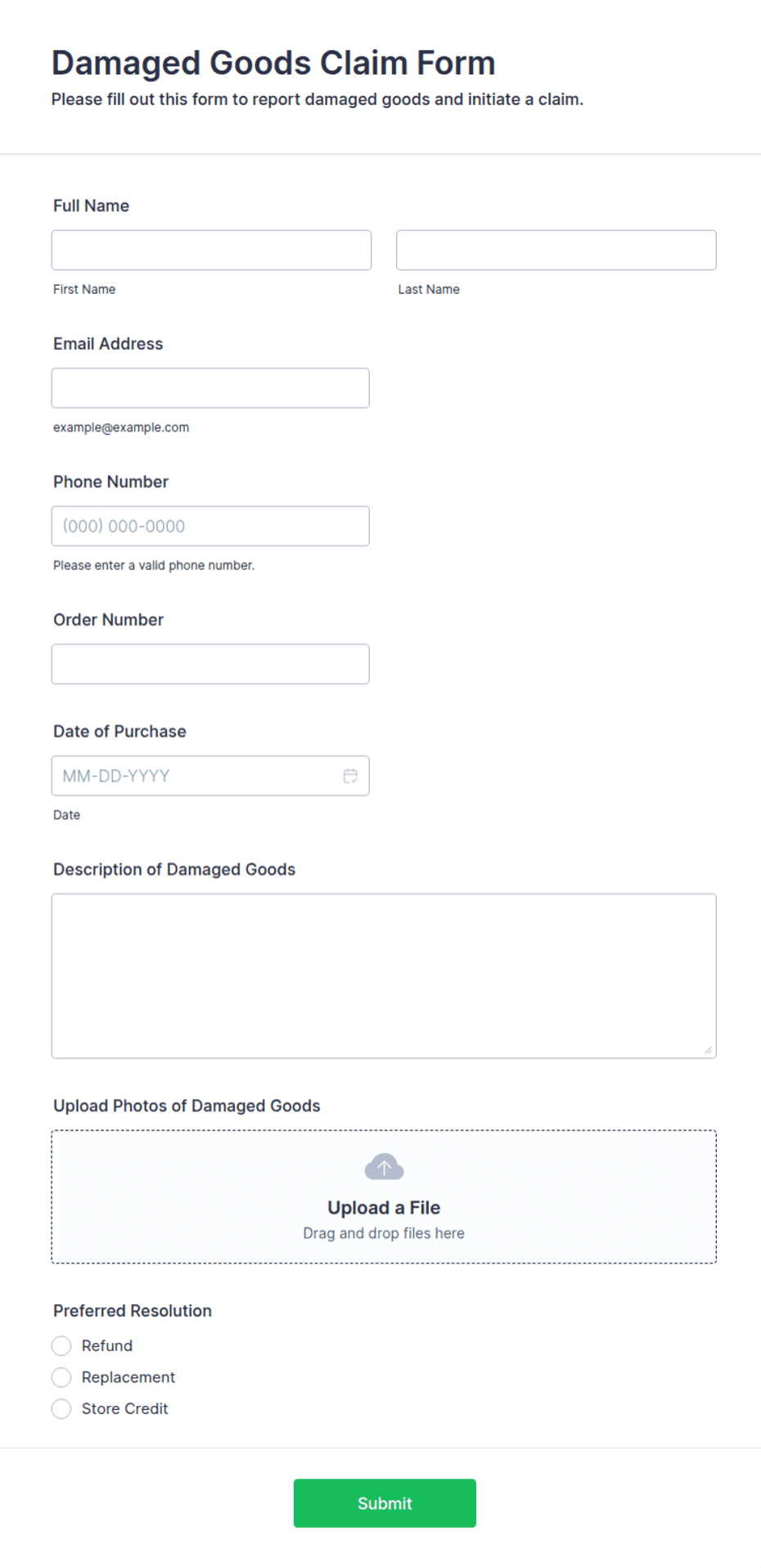 Spoiled Form Sample Damaged Goods Claim Form Template | Jotform