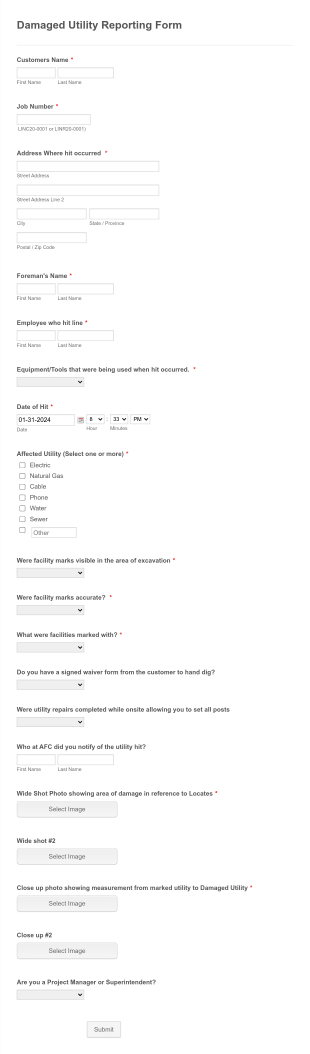 Damaged Utility Reporting Form Template