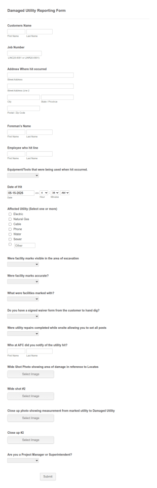 Damaged Utility Reporting Form Template