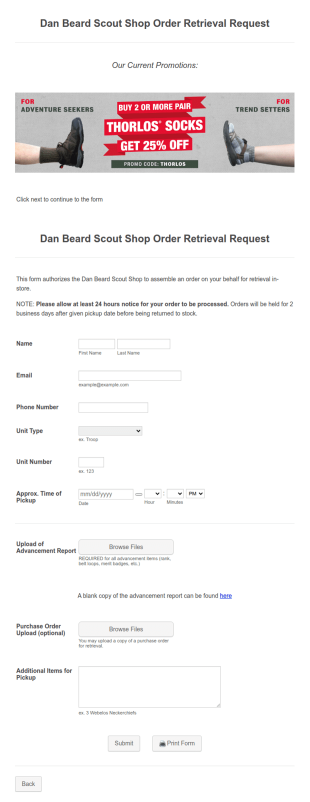 Dan Beard Scout Shop Order Retrieval Request Form Template