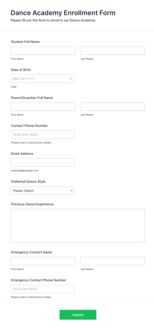 Dance Academy Enrollment Form Template