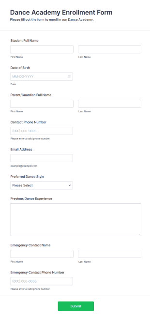 Dance Academy Enrollment Form Template