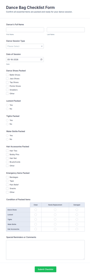 Dance Bag Checklist Form Template