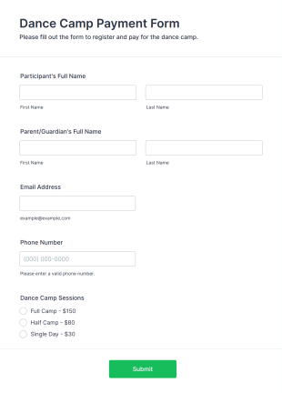 Dance Camp Payment Form Template