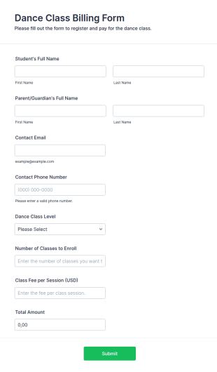 Dance Class Billing Form Template
