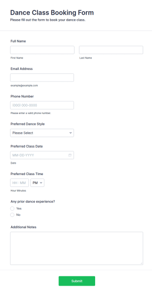 Dance Class Booking Form Template