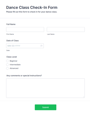 Dance Class Check In Form Template