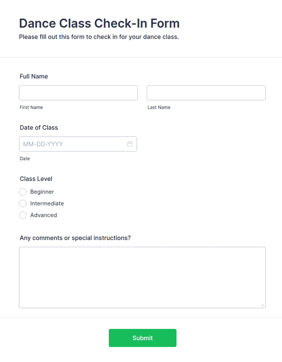 Dance Class Check-In Form Template | Jotform