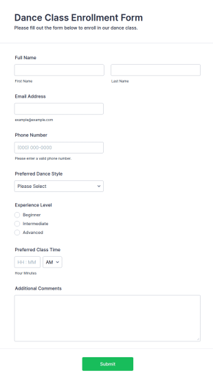 Dance Class Enrollment Form Template