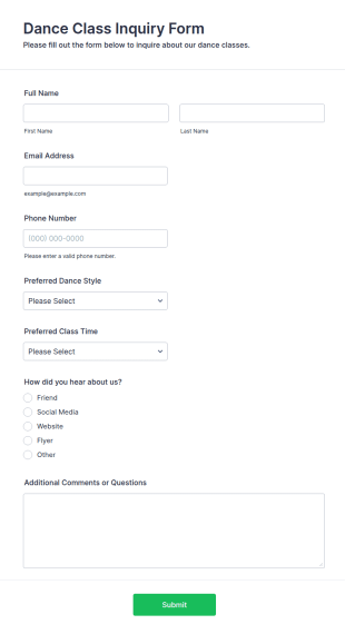 Dance Class Inquiry Form Template