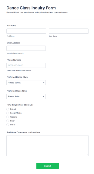 Dance Class Inquiry Form Template