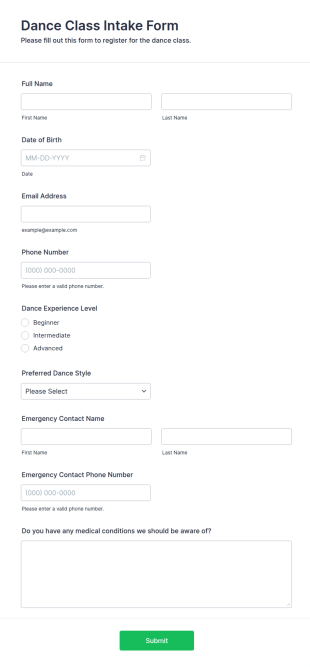 Dance Class Intake Form Template