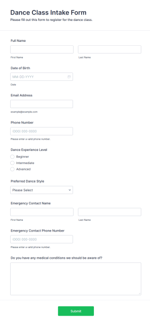 Dance Class Intake Form Template