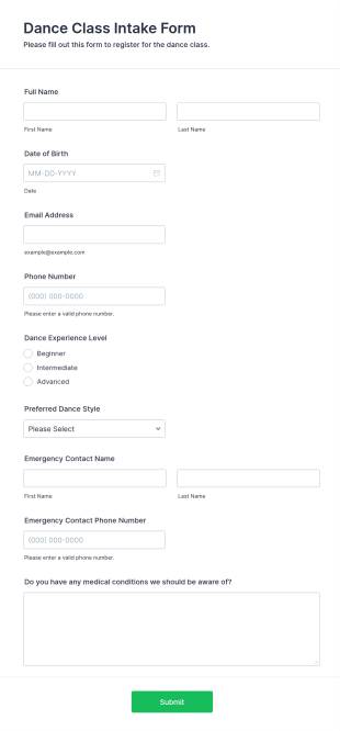 Dance Class Intake Form Template