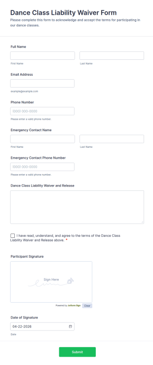 Dance Class Liability Waiver Form Template