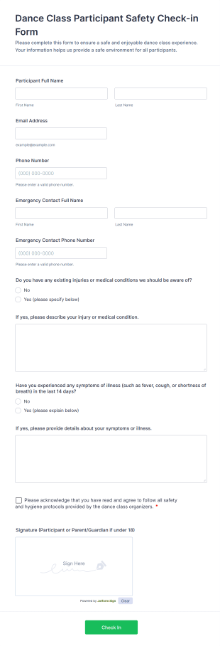 Dance Class Participant Safety Check In Form Template