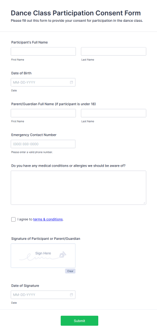 Dance Class Participation Consent Form Template