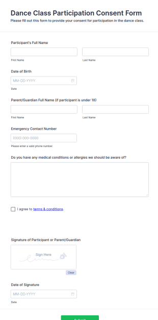 Dance Class Participation Consent Form Template