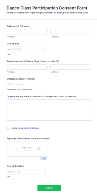 Dance Class Participation Consent Form Template