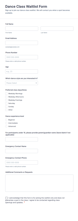 Dance Class Waitlist Form Template